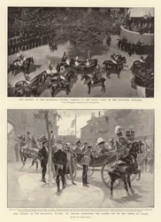 Die Eröffnung des Blackwall-Tunnels, Ankunft der königlichen Gesellschaft am nördlichen Eingang, Dr. Collins überreicht dem Prinzen von Wales den goldenen Schlüssel